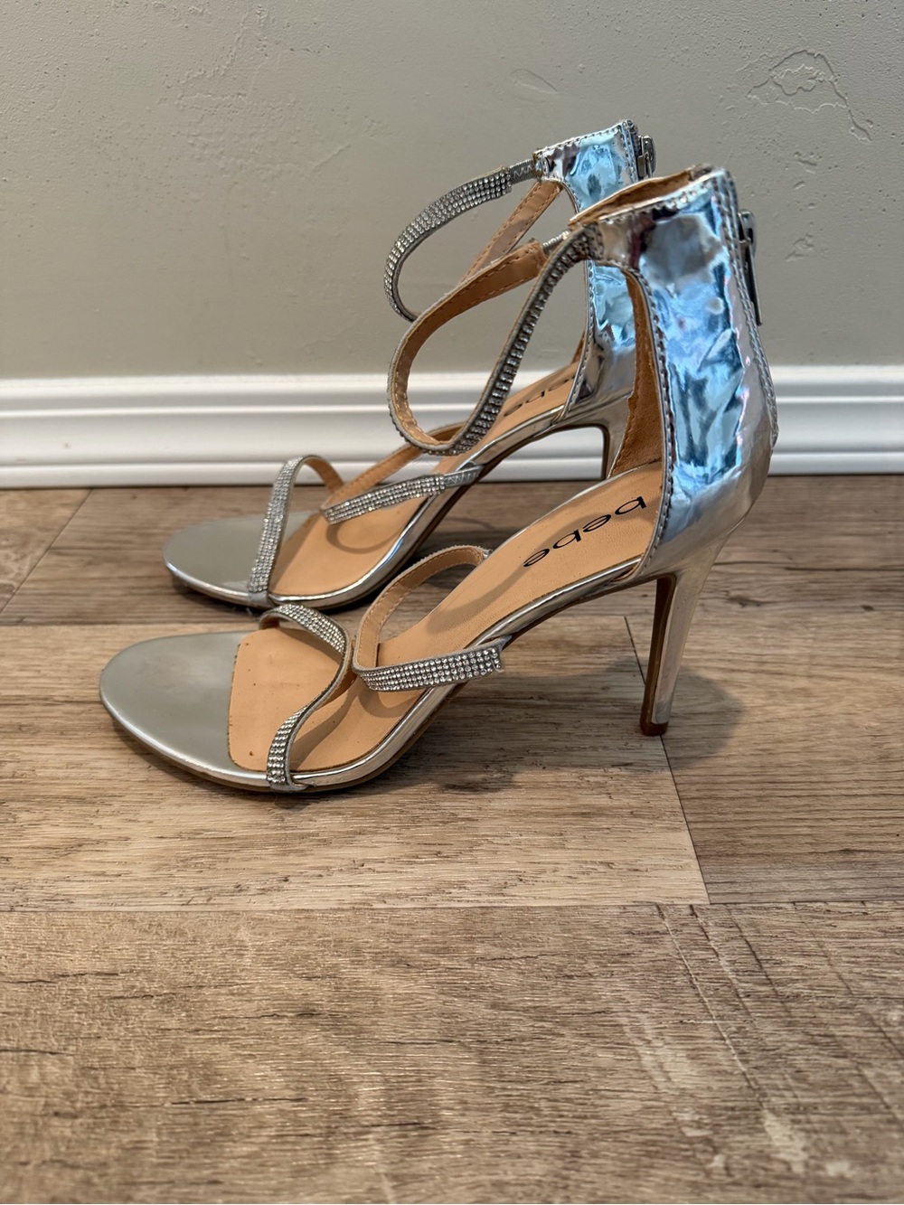 bebe Silver Metallic Rhinestone Strappy Stiletto Sandals